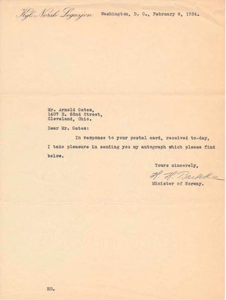 Item #41432 Typed Note Signed. Halvard H. BACHKE, ?-1948
