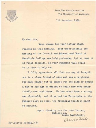 Item #41570 Typed Letter Signed. Sir Alfred William Winterslow DALE