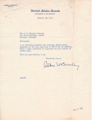 Item #41699 Typed Note Signed. Alben W. BARKLEY