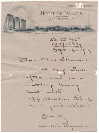 Item #42106 Autograph Note Signed. Witter BYNNER