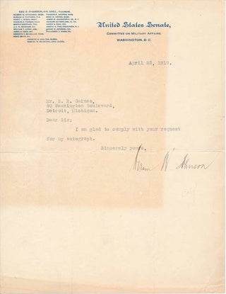 Item #42283 Typed Note Signed / Unsigned Photograph. Hiram W. JOHNSON