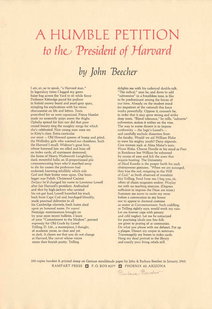 Item #42510 A Humble Petition to the President of Harvard. John BEECHER.