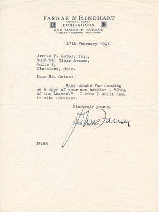 Item #43474 Typed Note Signed. John FARRAR