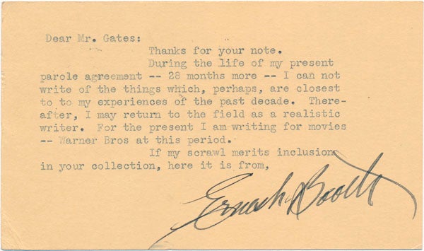 Item #43658 Typed Note Signed. Ernest BOOTH.
