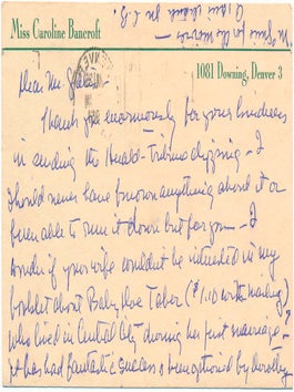 Item #43659 Autograph Note Signed. Caroline BANCROFT