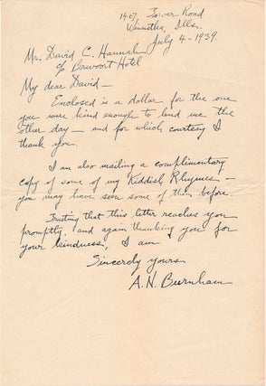 Item #43791 Autograph Letter Signed. Alfred Newton BURNHAM