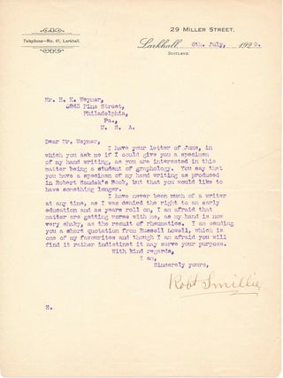 Item #44134 Typed Letter Signed. Robert SMILLIE