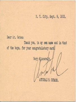 Item #44415 Typed Note Signed. Don Mario ANTOBAL, Eusebio Azpiazu