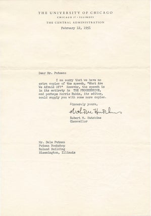Item #44421 Typed Note Signed. Robert M. HUTCHINS