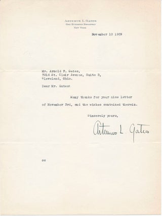 Item #44468 Typed Note Signed. Artemus L. GATES