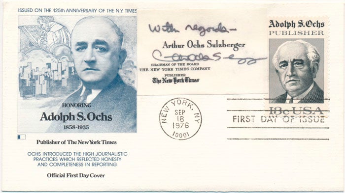 Item #44603 Signed Business Card / First Day Cover. Arthur Ochs SULZBERGER.