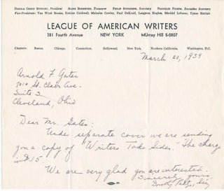 Item #44914 Autograph Note Signed. LEAGUE OF AMERICAN WRITERS