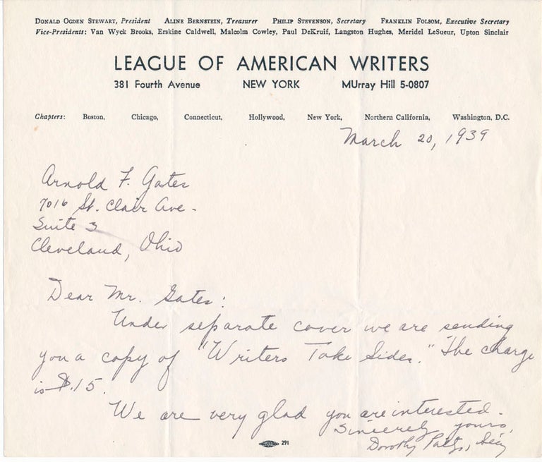 Item #44914 Autograph Note Signed. LEAGUE OF AMERICAN WRITERS.