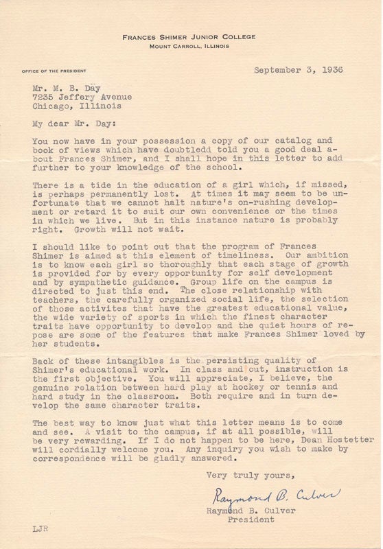 CULVER, Raymond B. (1887-1938) - Typed Letter Signed