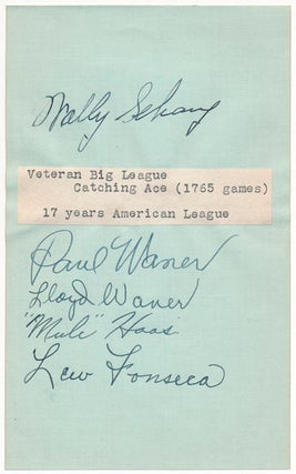 Item #45903 Signatures on Album Leaf. Lew FONSECA, George "Mule" HAAS, Wally SCHANG, Lloyd...