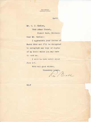 Item #46298 Typed Note Signed. Rex BEACH