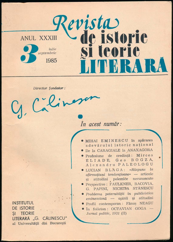 DUMITRESCU-BUSULENGA, Zoe (director) - Revista de Istorie Si Teorie Literara: Issue XXXII, No. 3 (July-September 1985)