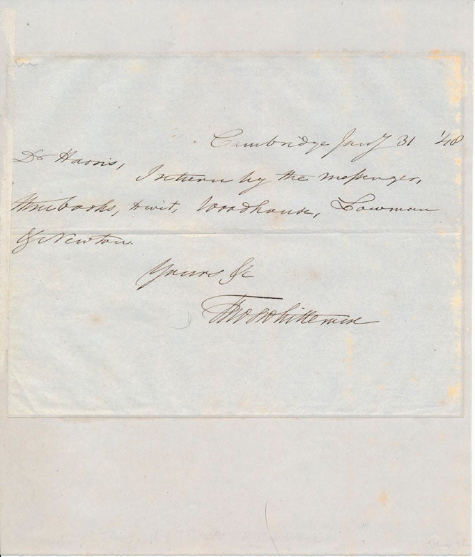 Item #46721 Autograph Note Signed. Thomas WHITTEMORE.