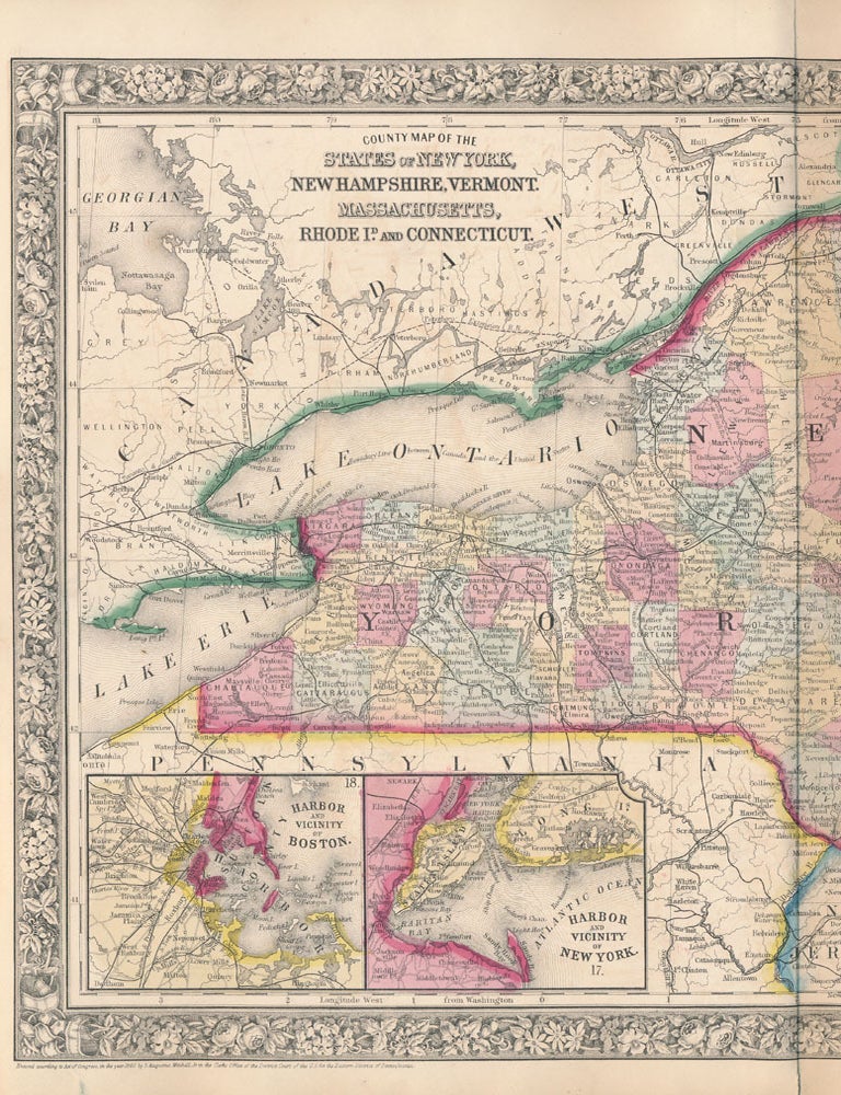 Item #46893 County Map of the States of New York, New Hampshire, Vermont, Massachusetts, Rhode Id. and Connecticut. NEW YORK -- NEW HAMPSHIRE -- VERMONT -- MASSACHUSETTS -- RHODE ISLAND -- CONNECTICUT -- Map.