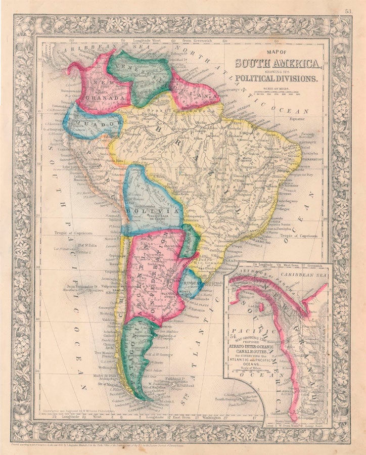Item #46957 Map of South America, Showing Its Political Divisions. SOUTH AMERICA -- Map.