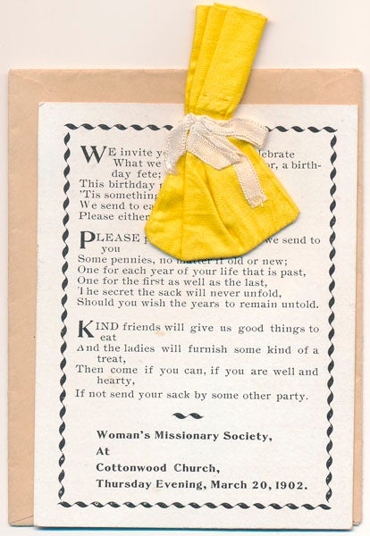 Item #47015 Printed Invitation with Cloth Sack. WOMAN'S MISSIONARY SOCIETY.