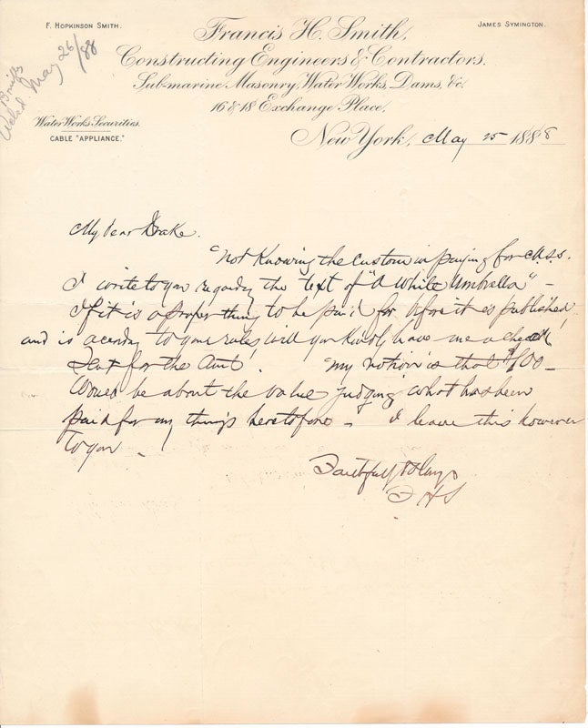 Item #47433 Autograph Letter Signed. F. Hopkinson SMITH.