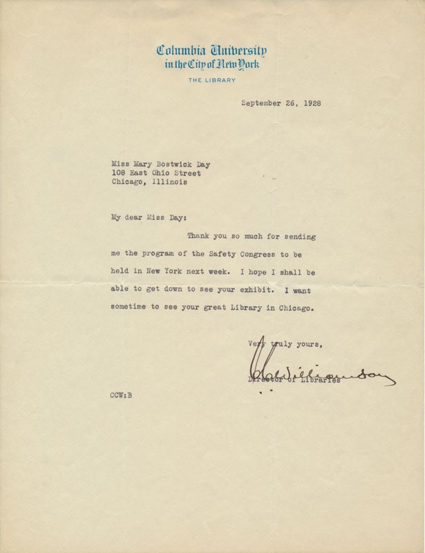 Item #48805 Typed Note Signed. Charles C. WILLIAMSON.