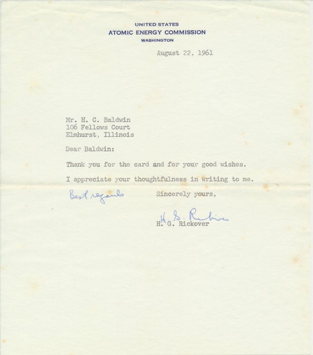 RICKOVER, Hyman (1919-86) - Typed Note Signed
