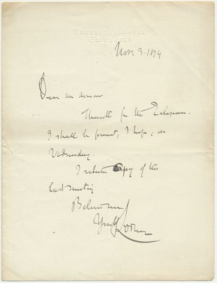 Item #50752 Autograph Note Signed. John George Edward Henry Douglas Sutherland CAMPBELL, 9th Duke of Argyll.