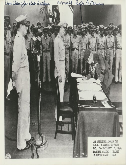 Item #50969 Photograph Signed. WORLD WAR TWO SURRENDER / VICTORY OVER JAPAN DAY, Robert B. CARNEY, Jean MacARTHUR.