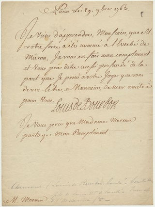 Item #51159 Letter Signed. Louis de BOURBON, Count of Clermont