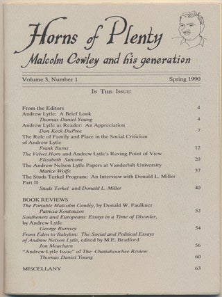 Item #51609 Horns of Plenty: Malcolm Cowley and his generation -- Spring 1990 (Volume 3, Number...