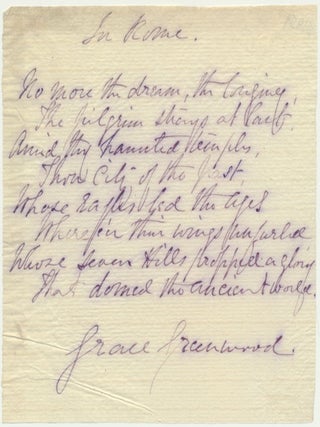 Item #51859 Autograph Quotation Signed. Grace GREENWOOD, Sarah Jane Lippincott