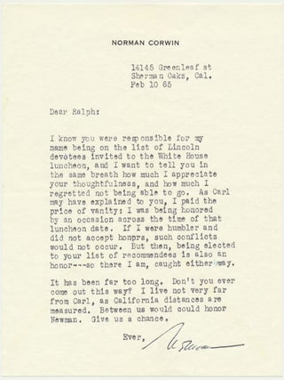 Typed Letter Signed / Unsigned Leaflet. Norman CORWIN.