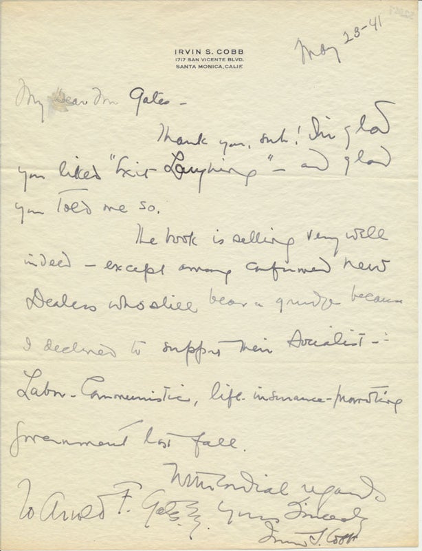 Item #52067 Autograph Letter Signed. Irvin S. COBB.